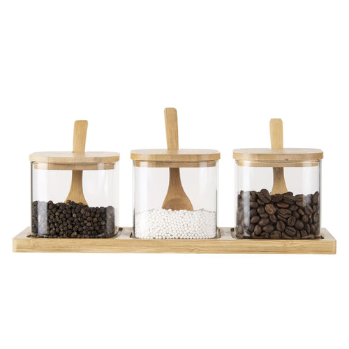 3-Piece Glass Jar Kitchen Storage Set with Bamboo Tray and Spoons