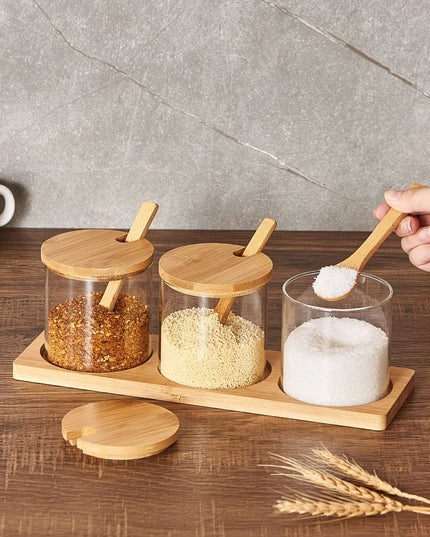 3-Piece Glass Jar Kitchen Storage Set with Bamboo Tray and Spoons