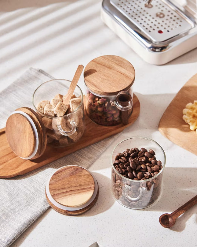 3-Piece Glass Jar Kitchen Storage Set with Bamboo Tray and Spoons