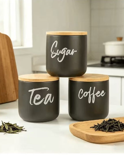 Ceramic Kitchen Canister Set with Wooden Lids