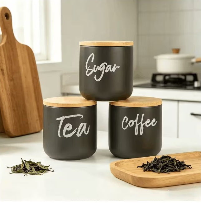 Ceramic Kitchen Canister Set with Wooden Lids