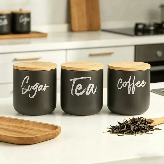 Ceramic Kitchen Canister Set with Wooden Lids