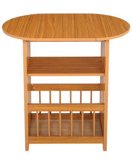 Foldable Oval Top Wooden Side Table with Storage Shelves