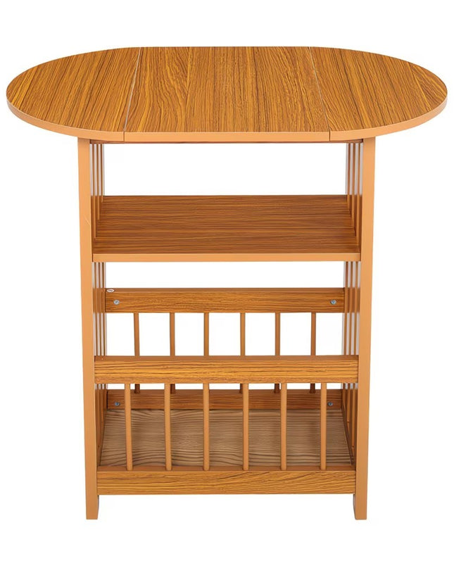 Foldable Oval Top Wooden Side Table with Storage Shelves