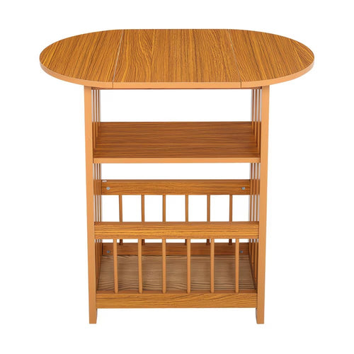 Foldable Oval Top Wooden Side Table with Storage Shelves