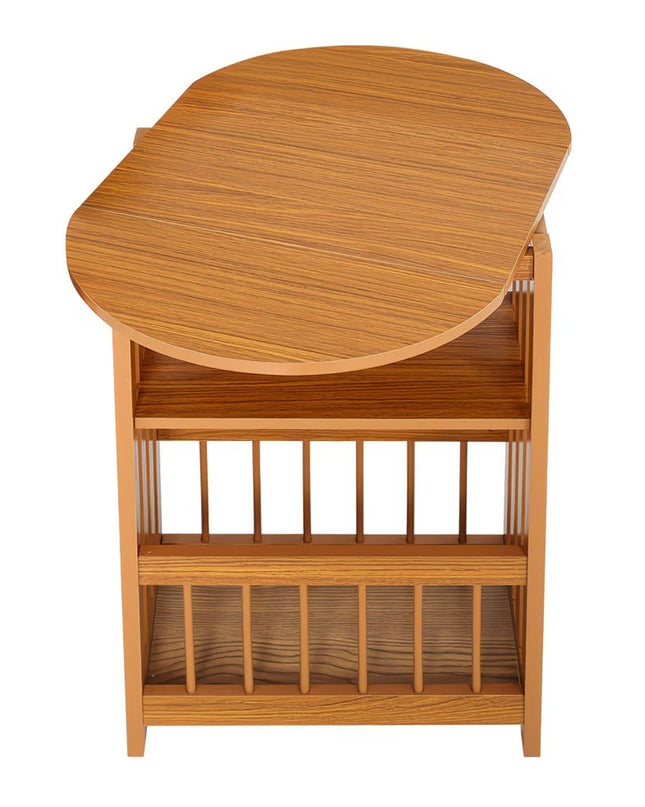 Foldable Oval Top Wooden Side Table with Storage Shelves